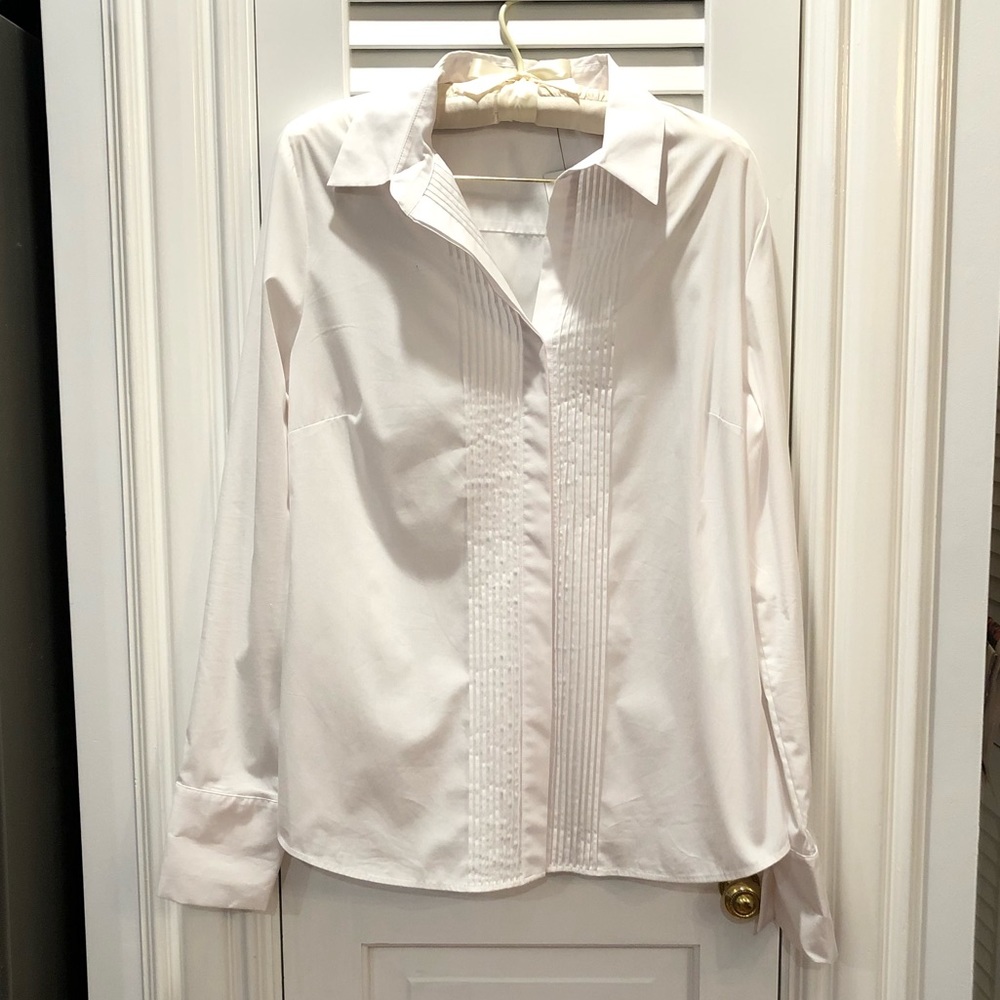 Tahari White Button-Down Pleated Front Shirt